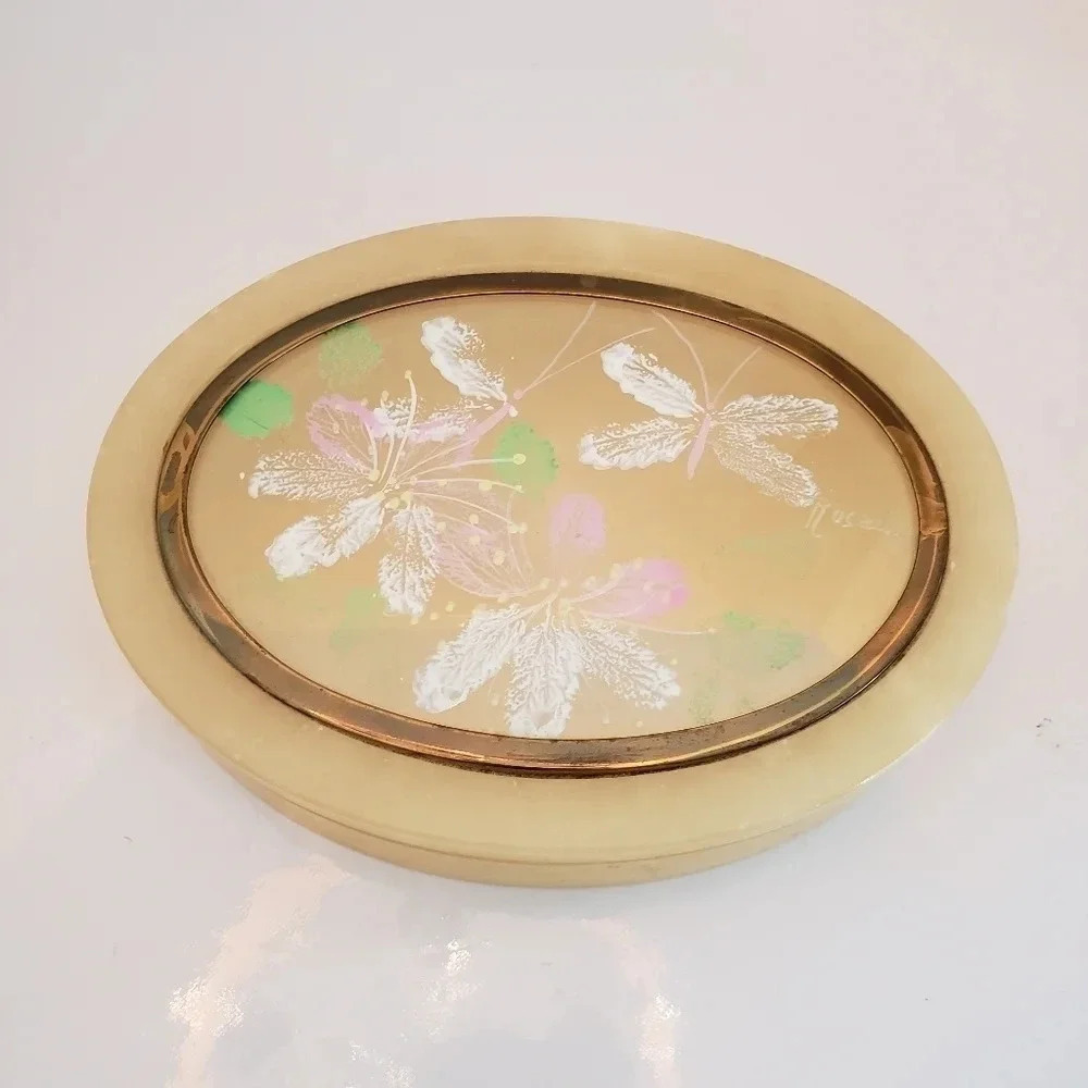 Vintage Birks Onyx Oval Jewlery Box with Lid,Handpainted Flowers.